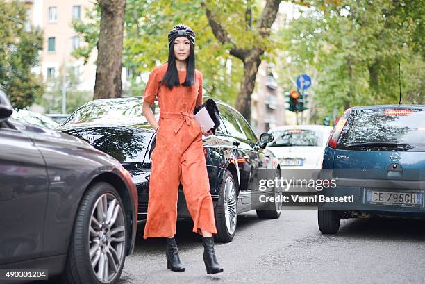 Yoyo Cao arrives at the Marni show wearing a vintage dress during the Milan Fashion Week Spring/Summer 16 on September 27, 2015 in Milan, Italy.