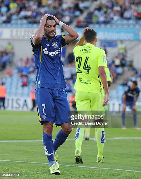 Angel Lafita of Getafe reacts during the La liga match between Getafe and Levante at estadio Coliseum Alfonso Perez on September 27, 2015 in Getafe,...