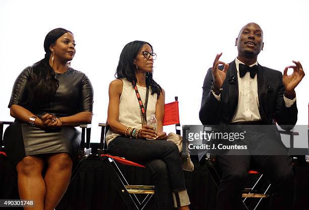Actress Brely Evans, producer Robi Reedctor and actor Tyrese Gibson speak during a Q and A for the film "Shame" on day 4 of the 2015 Urbanworld Film...