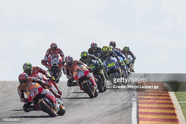 Marc Marquez of Spain and Repsol Honda Team leads the field during the MotoGP race during the MotoGP of Spain - Race at Motorland Aragon Circuit on...