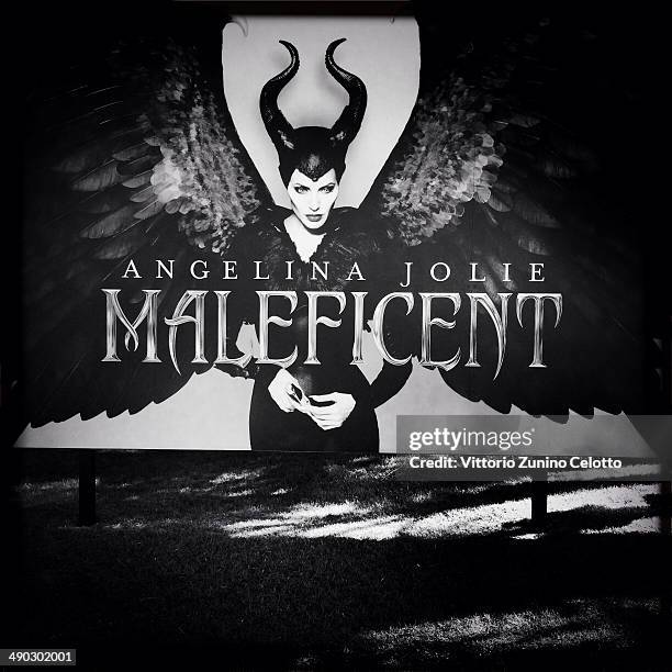 Poster of Maleficent with Angelina Jolie is displayed at Hotel Carlton during the 67th Annual Cannes Film Festival on May 14, 2014 in Cannes, France.