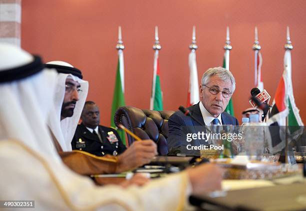 Defense Secretary Chuck Hagel speaks during the opening session of the Gulf Cooperation Council on May 14, 2014 in Jeddah, Saudi Arabia. Hagel...