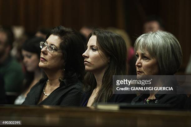 South African Paralympic sprinter Oscar Pistorius's sister Aimee Pistorius listens to Judge Thokozile Masipa during her brother's murder trial at...
