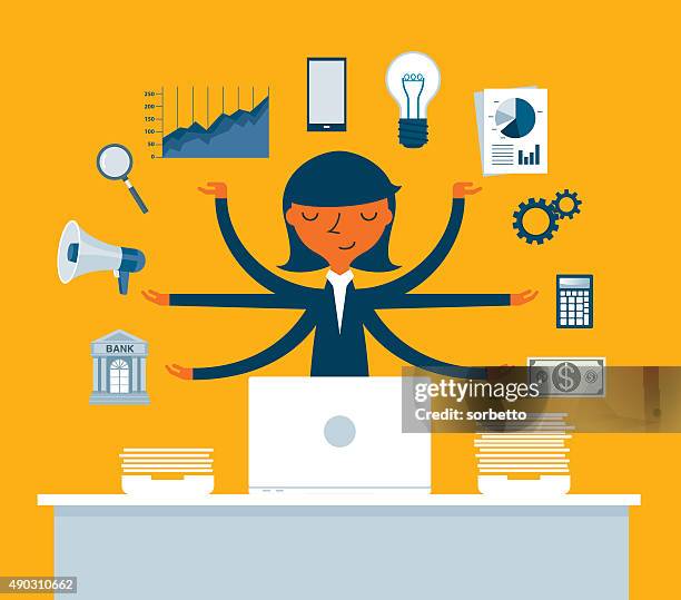 multitasking geschäftsfrau mit mehreren armen - hart arbeiten stock-grafiken, -clipart, -cartoons und -symbole