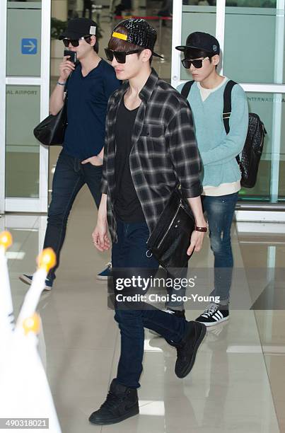 Super Junior are seen at Gimpo International Airport on April 16, 2014 in Seoul, South Korea.