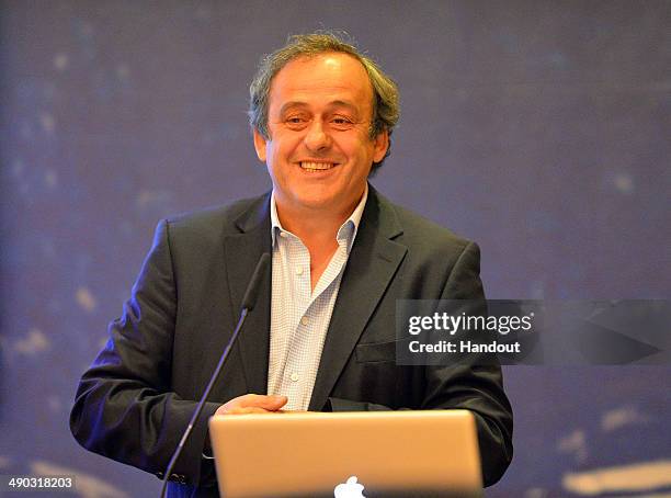 President Michel Platini makes a presentation to the media about the use of additional officials at matches prior to the UEFA Europa League Final...