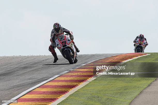 Danilo Petrucci of Italy and Pramac Racing leads the field during the MotoGP race during the MotoGP of Spain - Race at Motorland Aragon Circuit on...