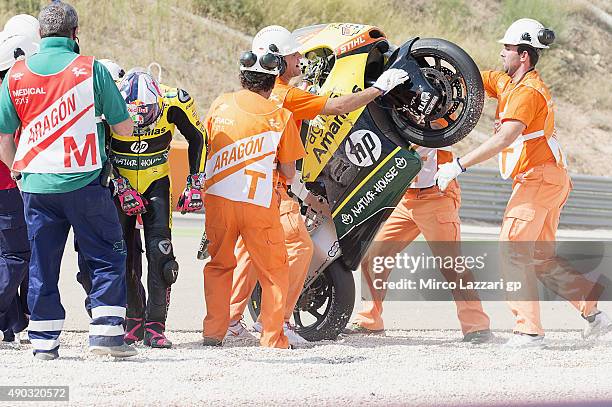 Luis Salom of Spain and Pagina Amarillas HP40 crashed out during the Moto2 race during the MotoGP of Spain - Race at Motorland Aragon Circuit on...