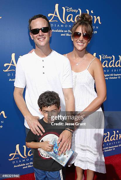 Actor Scott Weinger and writer/producer Rina Mimoun with son Mischa attend a special LA screening celebrating Diamond Edition release of "ALADDIN" at...