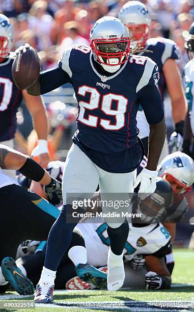 LeGarrette Blount of the New England Patriots celebrates after scoring a touchdown in the third quarter against the Jacksonville Jaguars at Gillette...