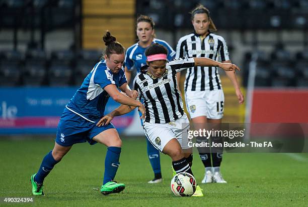 Remi Allen of Birmingham City Ladies battles for the ball against Desiree Scott of Notts County Ladies FC during the match between Notts County...