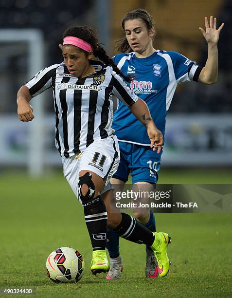 Karen Carney of Birmingham City Ladies battles for the ball against Desiree Scott of Notts County Ladies FC during the match between Notts County...