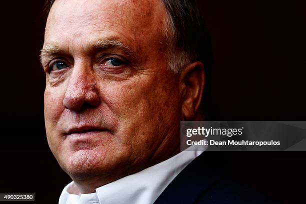 Dick Advocaat manager of Sunderland looks on prior to the Barclays Premier League match between Manchester United and Sunderland at Old Trafford on...