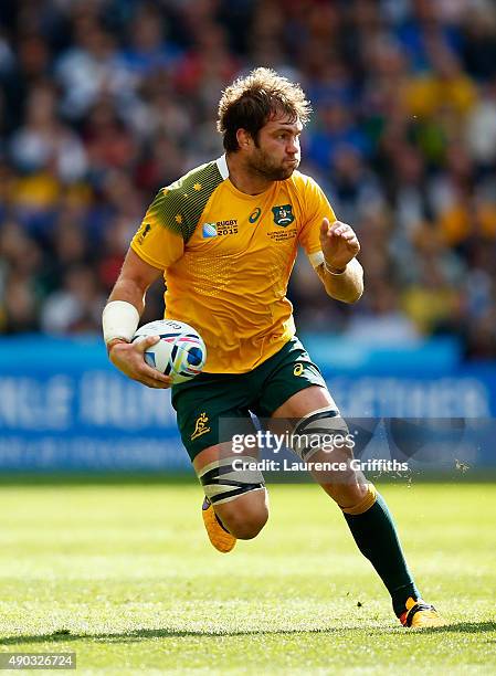 Ben McCalman of Australia in action during the 2015 Rugby World Cup Pool A match between Australia and Uruguay at Villa Park on September 27, 2015 in...