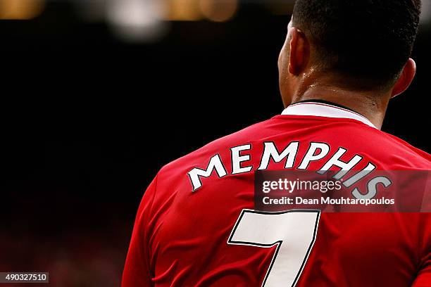 Detailed look and the shirt and number 7 worn by Memphis Depay of Manchester United during the Barclays Premier League match between Manchester...