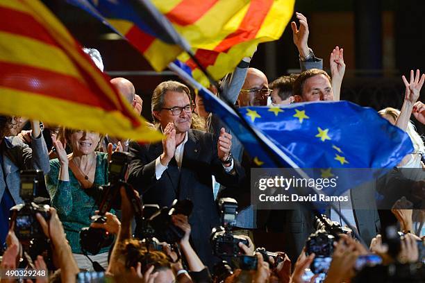 President of Catalonia Artur Mas celebrates after the Catalanist coalition 'Junts Pel Si' reportedly look close to winning the regional elections...