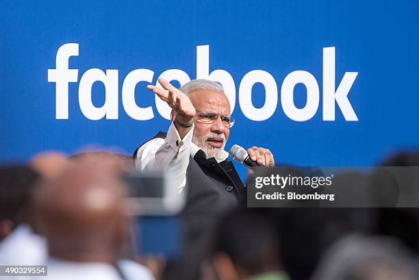 Narendra Modi, India's prime minister, speaks during a town hall meeting at Facebook Inc. Headquarters in Menlo Park, California, U.S., on Sunday,...