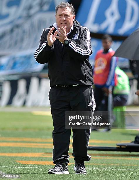 Ruben Israel coach of Millonarios gestures during a match between Millonarios and Ateltico Huila as part of 14th round of Liga Aguila II 2015 at El...