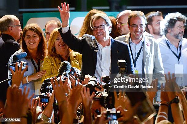 President of Catalonia Artur Mas celebrates after the Catalanist coalition 'Junts pel Si' claimed victory in the regional elections held in Catalonia...