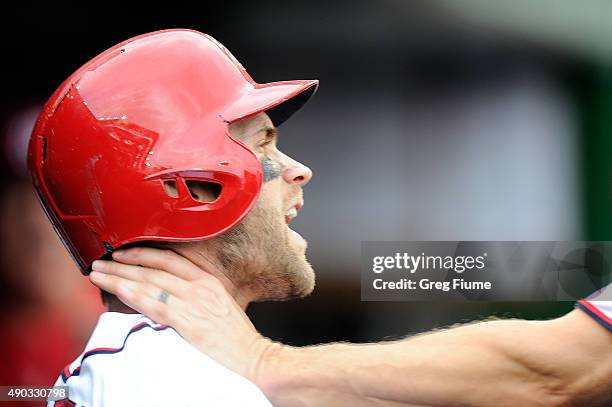 Bryce Harper of the Washington Nationals is grabbed by Jonathan Papelbon in the eighth inning against the Philadelphia Phillies at Nationals Park on...