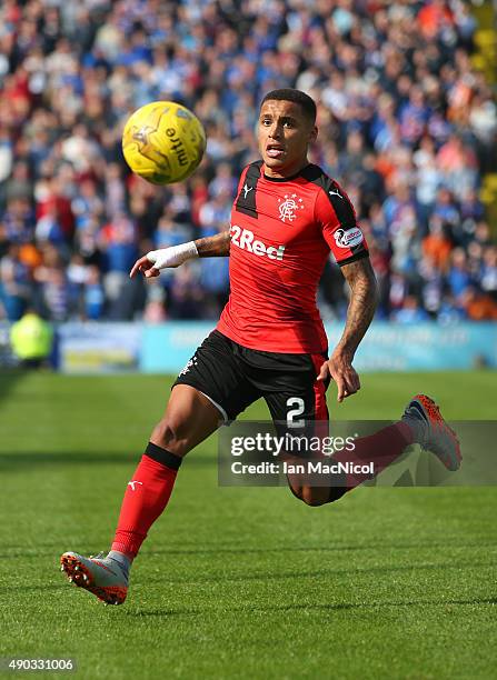 James Tavernier of Rangers controls the ball during the Scottish Championships match between Greenock Morton FC and Rangers at Cappielow Park on...