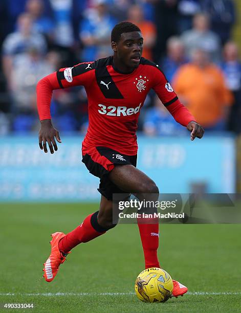 Nathan Oduwa of Rangers controls the ball during the Scottish Championships match between Greenock Morton FC and Rangers at Cappielow Park on...