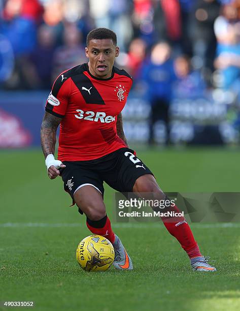 James Tavernier of Rangers controls the ball during the Scottish Championships match between Greenock Morton FC and Rangers at Cappielow Park on...