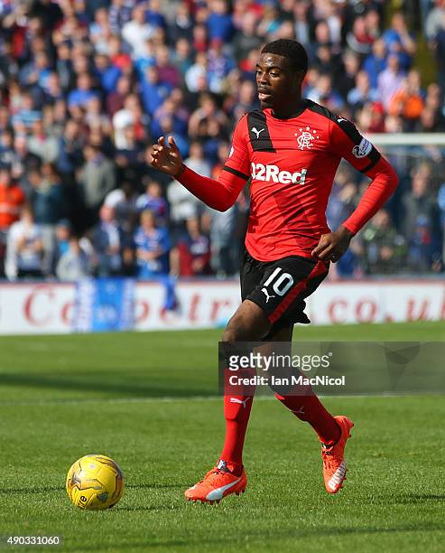 Nathan Oduwa of Rangers controls the ball during the Scottish Championships match between Greenock Morton FC and Rangers at Cappielow Park on...