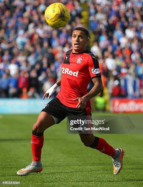 James Tavernier of Rangers controls the ball during the Scottish Championships match between Greenock Morton FC and Rangers at Cappielow Park on...