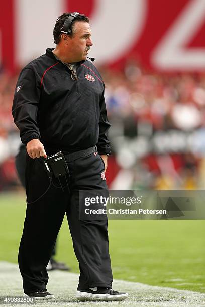 Head coach Jim Tomsula of the San Francisco 49ers walks the sidelines during the first quarter of the NFL game against the Arizona Cardinals at the...