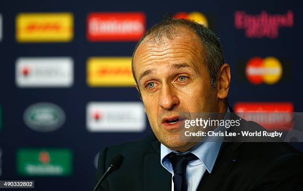 Coach Philippe Saint-Andre of France talks to the media during the press conference during the 2015 Rugby World Cup Pool D match between France and...