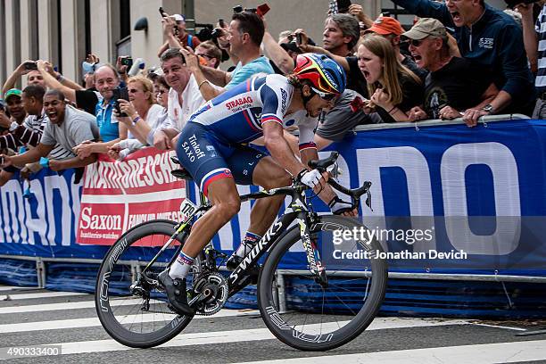 Peter Sagan riding for the Slovakin National Team turns the final corner on the way to winning the UCI Road World Championships on September 27, 2015...