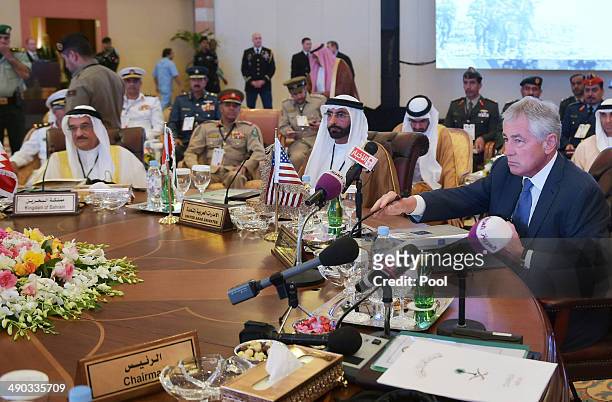 Defense Secretary Chuck Hagel speaks during the opening session of the Gulf Cooperation Council on May 14, 2014 in Jeddah, Saudi Arabia. Hagel is...