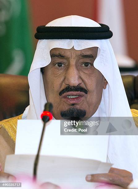 Saudi Crown Prince Salman bin Abdulaziz al-Saud speaks during the opening session of the Gulf Cooperation Council on May 14, 2014 in Jeddah, Saudi...