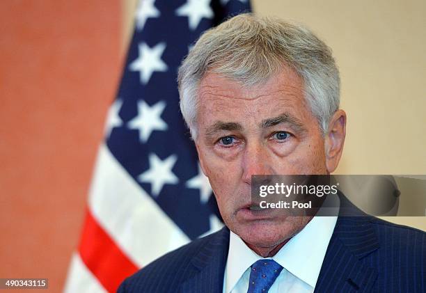 Defense Secretary Chuck Hagel speaks during a press conference after attending the Gulf Cooperation Council meeting at the Conference Palace on May...