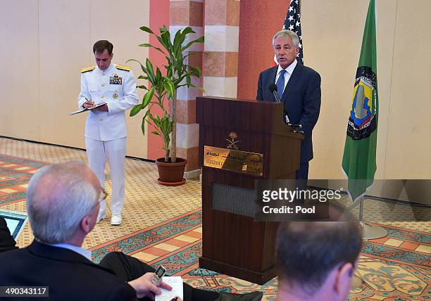 Defense Secretary Chuck Hagel speaks during a press conference after attending the Gulf Cooperation Council meeting at the Conference Palace on May...