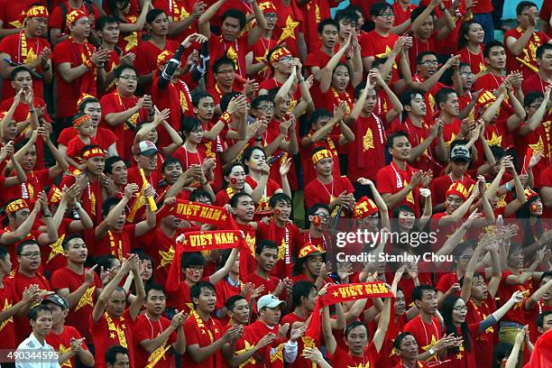 Vietnamese fans celebrates the 3rd goal against Jordan during the AFC Women's Asian Cup Group A match between Vietnam and Jordan at Thong Nhat...