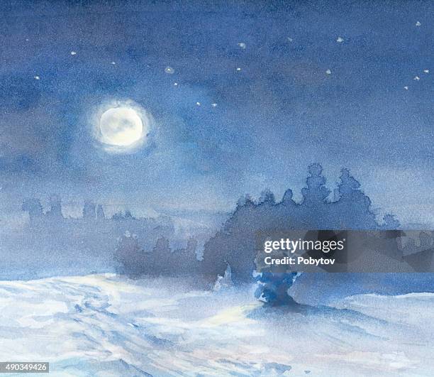 bildbanksillustrationer, clip art samt tecknat material och ikoner med moonlit winter night, watercolor painting - lunar new year