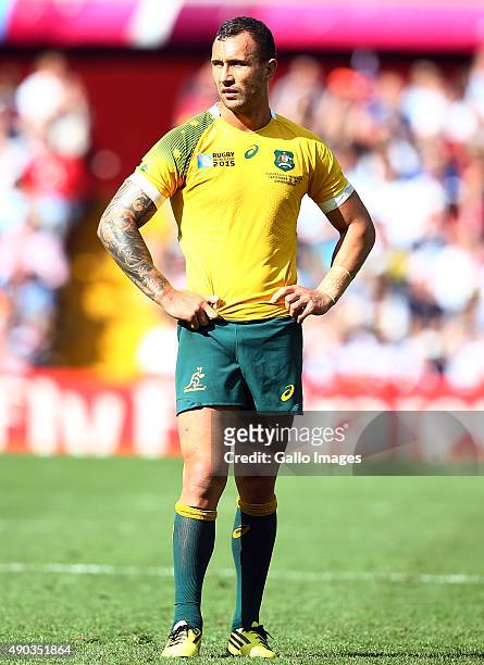 Quade Cooper of Australia during the Rugby World Cup 2015 Pool A match between Australia and Uruguay at Villa Park on September 27, 2015 in...