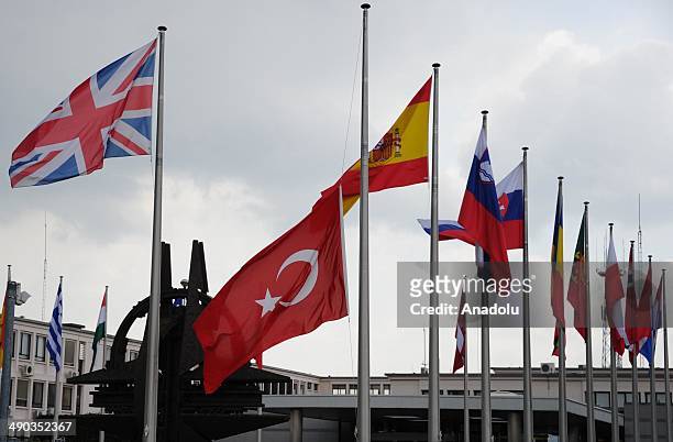 Turkish national flag flies at half-staff at the NATO headquarters following the coal mine disaster in Turkey on May 14, 2014 in Brussels, Belgium....