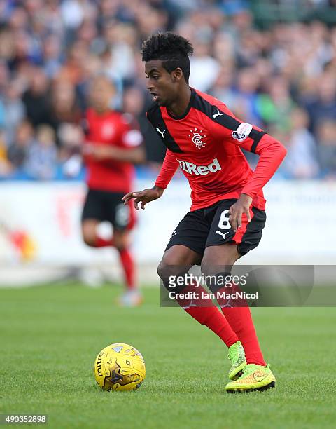 Gedion Zelalem of Rangers controls the ball during the Scottish Championships match between Greenock Morton FC and Rangers at Cappielow Park on...