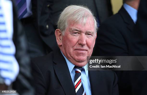 Ranger's legend John Greig looks on during the Scottish Championships match between Greenock Morton FC and Rangers at Cappielow Park on September 27,...