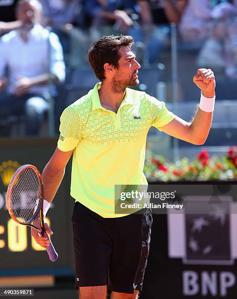 Jeremy Chardy of France celebrates defeating Roger Federer of Switzerland during day four of the Internazionali BNL d'Italia tennis 2014 on May 14,...