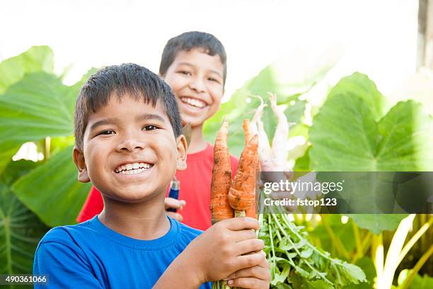 children proudly harvest vegetables from community garden. - world earth day in india stock pictures, royalty-free photos & images