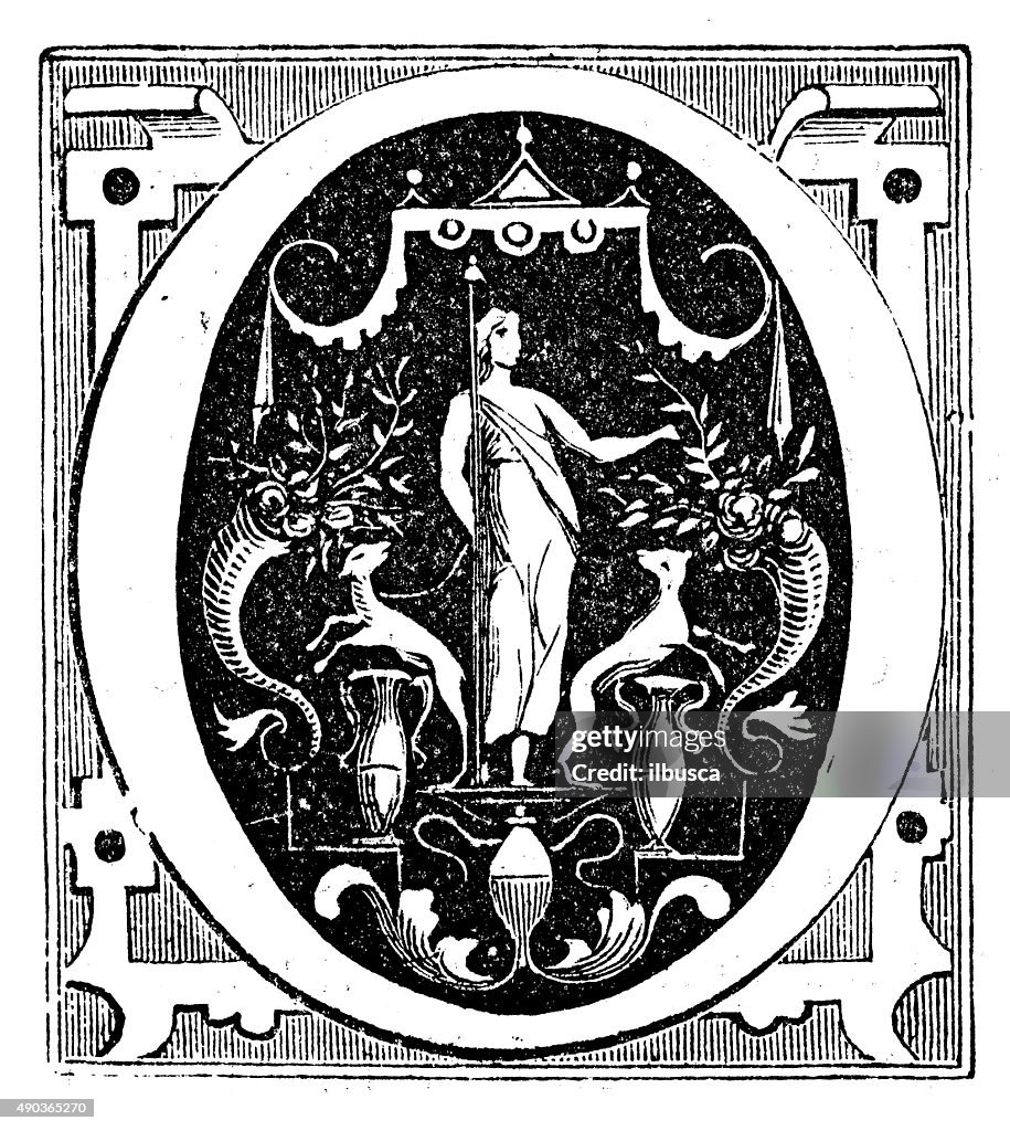 Antique illustration of ornate letter "O"