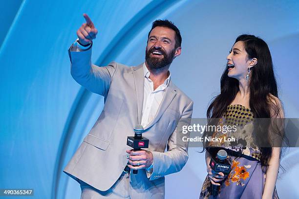 Actor Hugh Jackman and actress Fan Bingbing attend the "X-MEN: Days of Future Past" Southeast Asia Premiere on May 14, 2014 in Singapore.