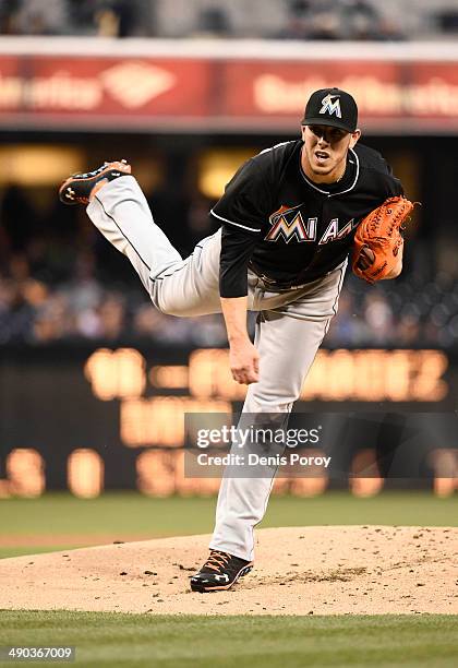Jose Fernandez of the Miami Marlins pitches during the first inning of a baseball game against the San Diego Padres at Petco Park May 9, 2014 in San...