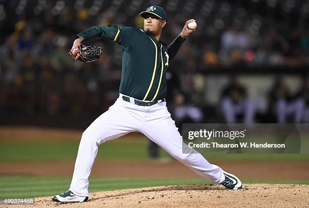 Felix Doubront of the Oakland Athletics pitches against the Texas Rangers in the top of the second inning at O.co Coliseum on September 23, 2015 in...