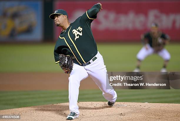 Felix Doubront of the Oakland Athletics pitches against the Texas Rangers in the top of the first inning at O.co Coliseum on September 23, 2015 in...