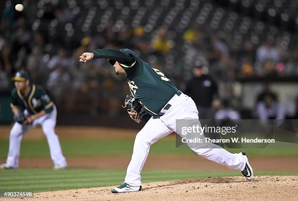 Felix Doubront of the Oakland Athletics pitches against the Texas Rangers in the top of the second inning at O.co Coliseum on September 23, 2015 in...